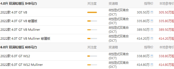 宾利欧陆gt选装价格表，市场最新2022款报价305万起