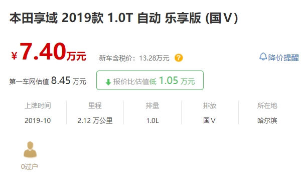 19年享域能卖多少钱 19年享域自动挡售价7.40万元