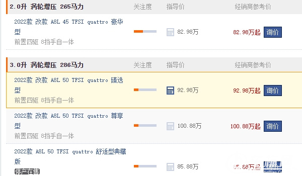奥迪A8L2022款最新款价格 奥迪A8L2022款售价82.98万