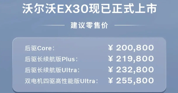 沃尔沃EX30正式上市 最高续航590公里 售价20.08万起